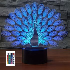 1pc Peacock 3D Illusion Lamps Nightlight With Remote Control