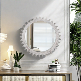 Vintage 26'' x 26'' Wall Wood Round Hanging Gear Shape Heavy Decorative Mirror For Bathroom Living Room Entryway Or Put Together To Your Liking.(Antiq