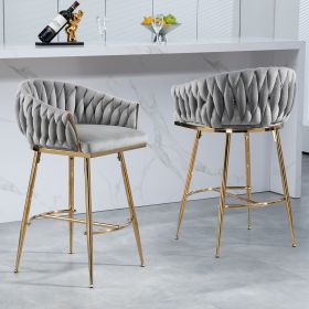 26'' Counter height bar stools Set of 2,velvet kitchen island counter bar stool with hand- wave back,golden chromed base and foot rest(GREY)