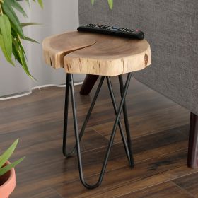 12" Acacia Wood End/Side Table, Living Room Accent Stool, Iron Hairpin Legs, Home D��cor, Brown/Black