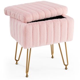 Vanity Stool Chair with Storage, Ottoman Faux Fur Soft Padded Makeup Footstools Seat with 4 Metal Legs Anti-Slip Adjustable Feet Modern,pink