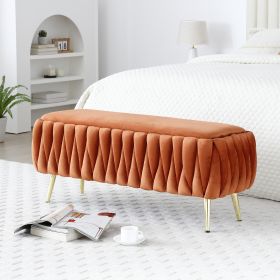 Oval Storage Bench with Gold Legs,Velvet Fabric ,Woven,Upholstered Ottoman Storage Benches for Bedroom End of Bed,Sherpa Fabric Bench for Living Room