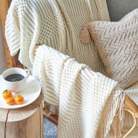 3D Knitted Blanket With Tassel Solid Color Sofa Blanket Cover Nordic Home Decor Throw Blanket For Bed Portable Breathable Shawl (Color: Beige, size: 130x200cm)