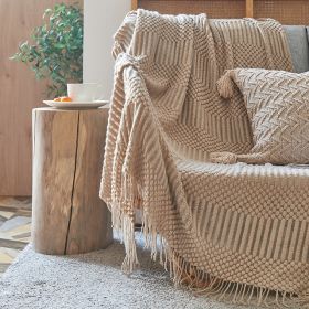 3D Knitted Blanket With Tassel Solid Color Sofa Blanket Cover Nordic Home Decor Throw Blanket For Bed Portable Breathable Shawl (Color: Khaki, size: 150x220cm)