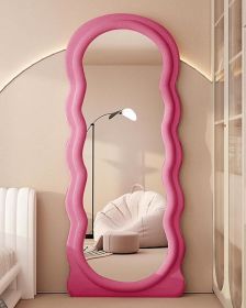 Wavy Floor Mirror, 63" X 24" Full Length Mirrors with Stand, Irregular Wavy Mirrors, Wave Pattern, Flannel, Standing Mirror (Color: Rose Red)