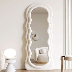 Wavy Floor Mirror, 63" X 24" Full Length Mirrors with Stand, Irregular Wavy Mirrors, Wave Pattern, Flannel, Standing Mirror (Color: Beige White)