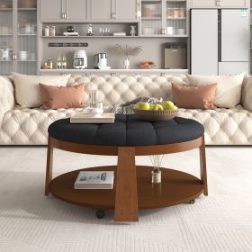 Modern Large Round Ottoman Coffee Table 2-Tier Oversized Button Tufted Ottoman with Wood Shelf Storage Upholstered Coffee Table for Living Room Footre (Color: as Pic)