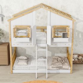 Twin over Twin House Bunk Bed with Roof , Window, Window Box, Door , with Safety Guardrails and Ladder (Color: Natural+White)